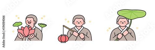 Buddha’s Birthday. Little monk, lotus flower, lantern, lotus leaf.