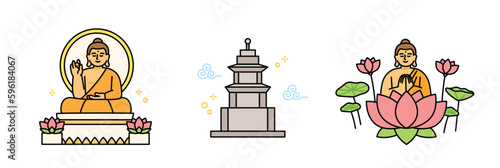 Buddha’s Birthday. Buddha statue, stone pagoda, Buddha on lotus flower.