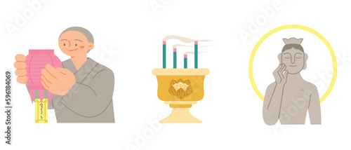 Buddha’s Birthday. Monk lighting a lantern, Buddhist incense, Maitreya Bodhisattva.