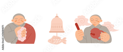 Buddha’s Birthday. A monk rolling a rosary, a fish bell, a monk hitting a wood block.