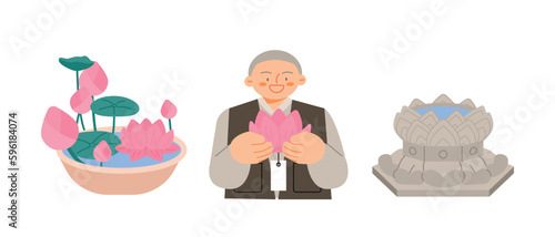 Buddha’s Birthday. A lotus flower pot, a monk holding a lotus flower,