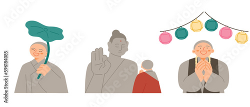Buddha’s Birthday. A monk holding a lotus leaf, a monk looking at a Buddha statue, and a lotus lantern festival.