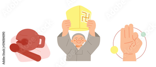 Buddha’s Birthday. Buddhist wood block percussion, monk blowing lanterns, Buddha's hand.