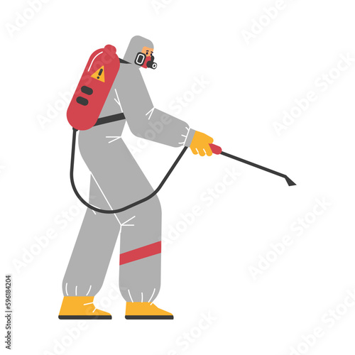 Professional insect exterminator with spray tool, flat vector illustration isolated on white background.