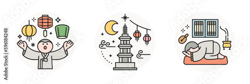 Buddha’s Birthday. Lotus Lantern Festival, stone pagoda, and a monk bowing.