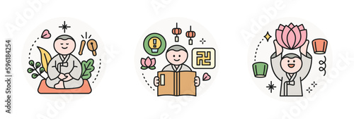 Buddha’s Birthday. Monk meditating, reading sutras and holding a lotus flower.