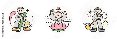 Buddha’s Birthday. Monks writing calligraphy, sitting on lotus flowers, and cleaning the yard.