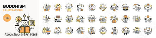 Buddha’s Birthday. Cute monk character and Buddhist culture mega set. Vector illustration with outlines.