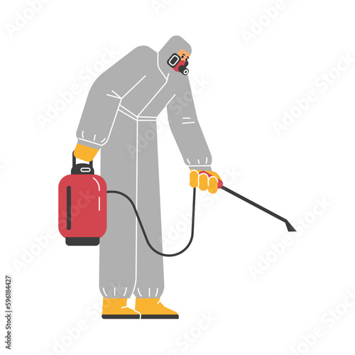 Pest control service worker with chemical spray canister, flat vector isolated.