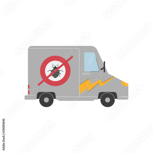 Pest control service truck with no bug logo, flat vector illustration isolated on white background.
