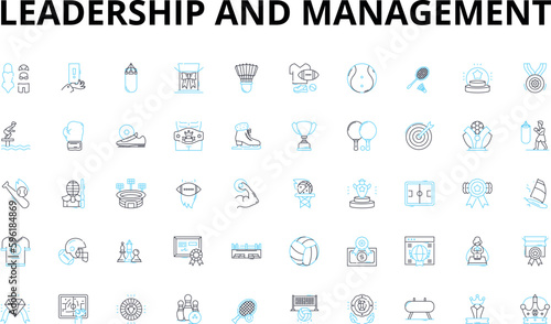 Leadership and management linear icons set. Visionary, Empowerment, Delegation, Teamwork, Accountability, Communication, Integrity vector symbols and line concept signs. Motivation,Inspiration