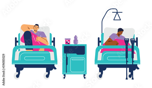 Patients lying on beds in hospital ward, flat vector illustration isolated.
