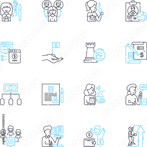 Womanly occupations linear icons set. Midwife, Nurse, Teacher, Chef, Stylist, Mom, Seamstress line vector and concept signs. Waitress,Hostess,Nanny outline illustrations