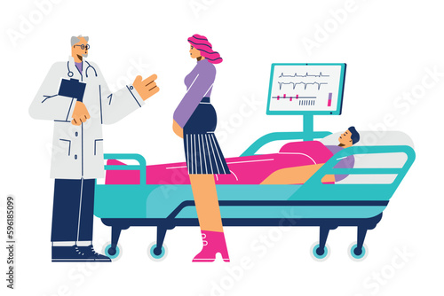 Sad woman talking to doctor, man lying in hospital bed - flat vector illustration isolated on white background.
