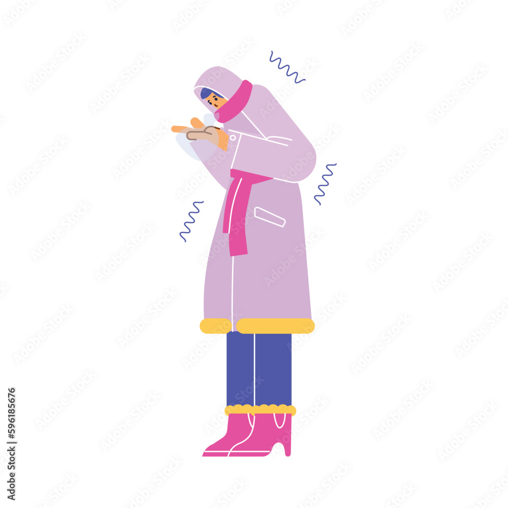 Freezing woman in pink coat trying warm hands with breath flat style Freezing woman in pink coat trying warm hands with breath flat style