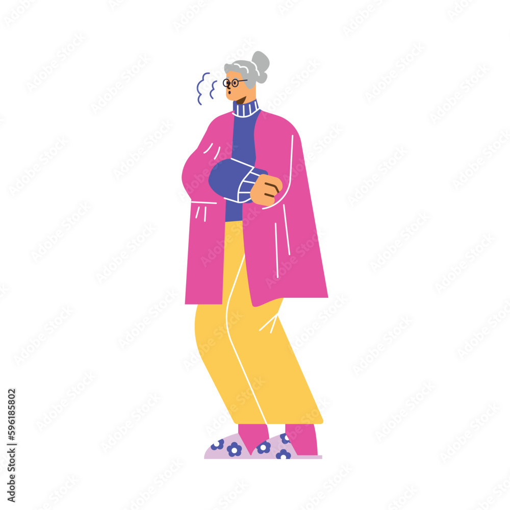 Freezing woman in coat from the cold trying to keep warm, flat vector isolated.