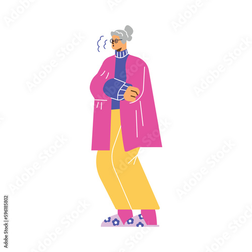 Freezing woman in coat from the cold trying to keep warm, flat vector isolated.