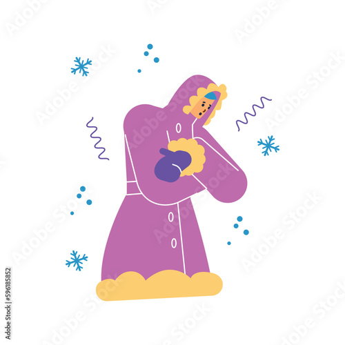 Freezing trembling woman in pink coat flat style, vector illustration