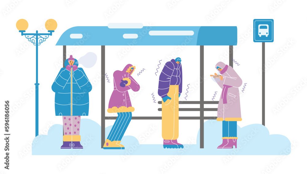 People freeze at bus stop in winter, flat cartoon vector illustration isolated. People freeze at bus stop in winter, flat cartoon vector illustration isolated.