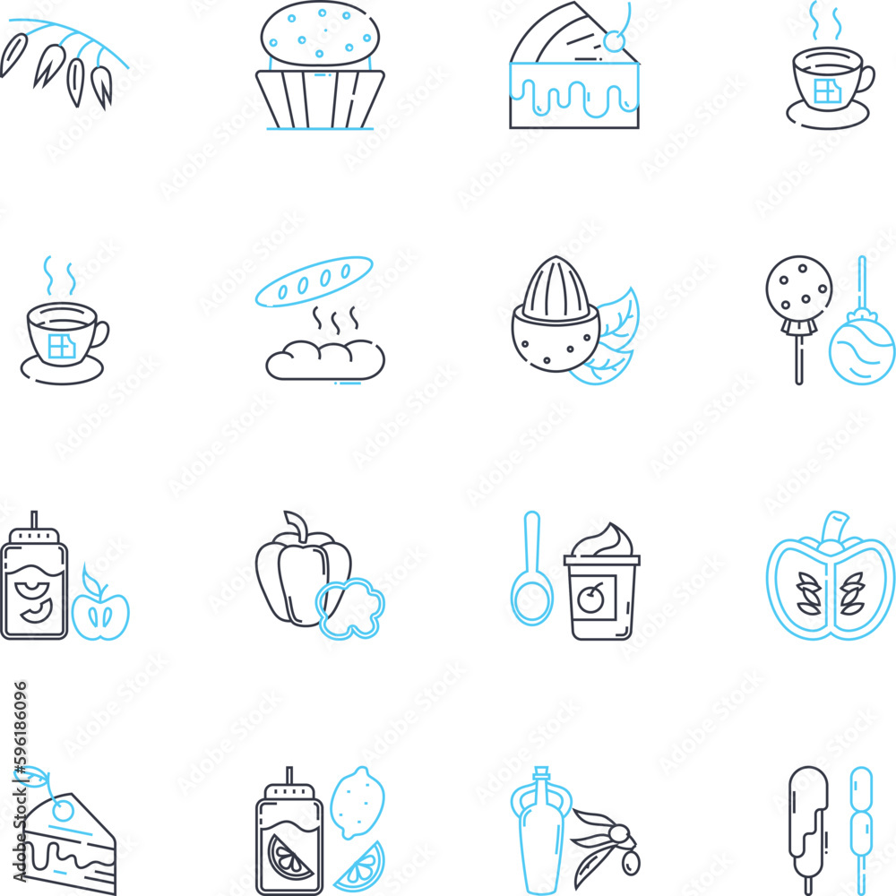 Fototapeta premium Dining emporium linear icons set. Gourmet, Cuisine, Gastronomy, Delicacies, Comfort, Ambiance, Elegance line vector and concept signs. Classy,Fine-dining,Fusion outline illustrations