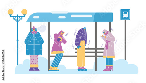 People freeze at bus stop in winter, flat cartoon vector illustration isolated.