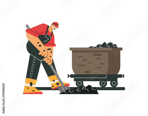 MIner worker in protective mask digging earth with shovel, flat vector illustration isolated on white background.