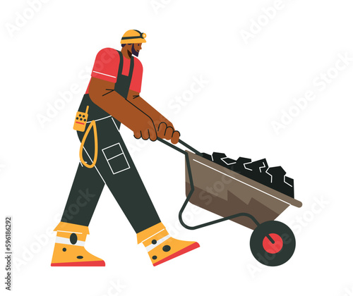Miner pushing cart with coal, flat vector illustration isolated on white background.