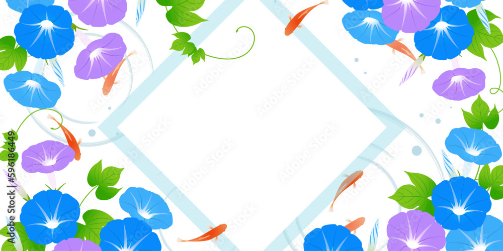 朝顔と金魚_夏のバナーフレーム（2：1）_ベクターイラスト