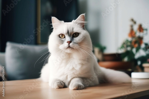 Fluffy Cat Sitting in a Lovely Living Room, Adorable Pet with Copy Space and Friendly Concept in the Background