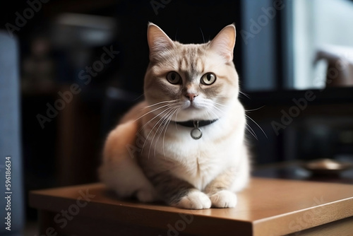 Fluffy Cat Sitting in a Lovely Living Room, Adorable Pet with Copy Space and Friendly Concept in the Background © Thares2020