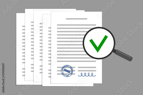 Documents and magnifying glass with green tick, contract approval