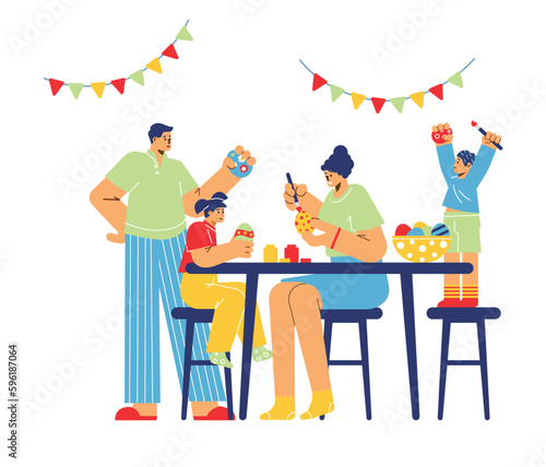Happy family with kids decorating and painting eggs together, flat vector illustration isolated on white background.