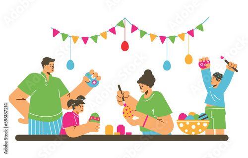 Family scene of preparation to Easter celebration, flat vector isolated.