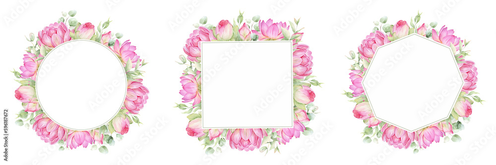 Pink flowers lotus. Watercolor illustration. Set of frame lotus flowers. Wreath of chinese water lily. Design for invitations, save the date, cards other items.