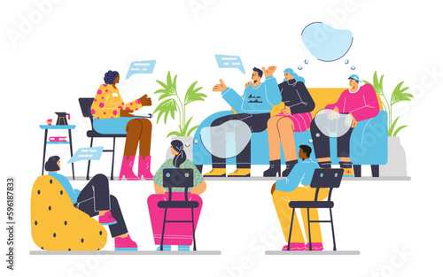 Diverse people attending group therapy session, flat vector illustration isolated on white background.