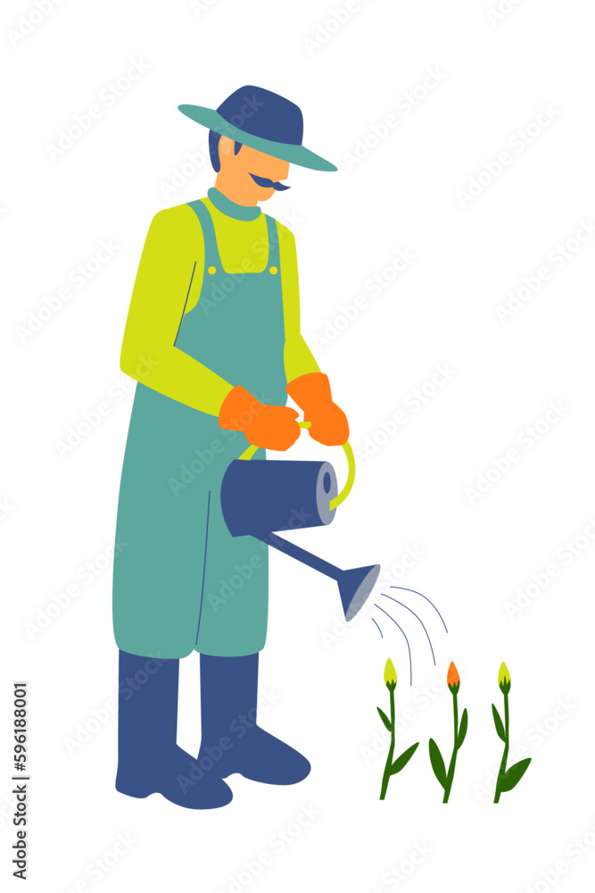 Gardener with mustache watering plants isolated on white background.
