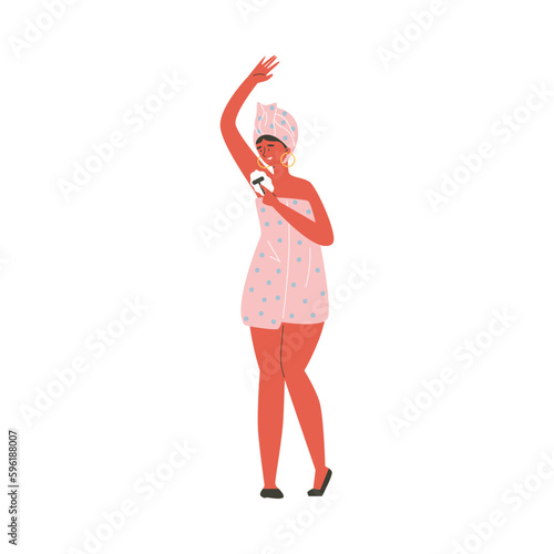 Woman shaving her armpit with razor, flat vector illustration isolated on white background.