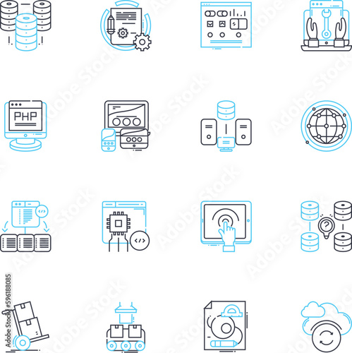 Project optimization linear icons set. Efficiency, Streamlining, Enhancement, Improvement, Productivity, Lean, Automation line vector and concept signs. Simplification,Innovation,Performance outline