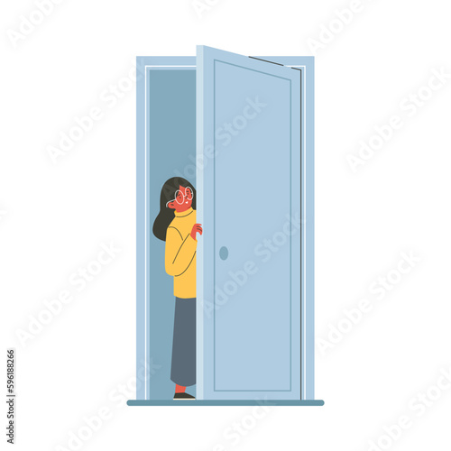 Girl opening door from inside, flat vector illustration isolated on white background.