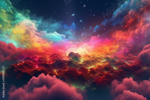 Vivid artwork of otherworldly sky filled with rainbow clouds and stars, resembling Bifrost and tarot card. Keywords: fantasy, colorful, transcendent, space, computer, red shift,. Generative AI © Aisha