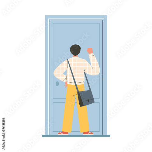 Man knocks on a closed door flat cartoon vector illustration isolated.