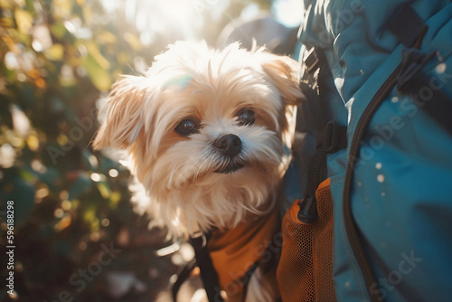 Small white dog being carried in backpack.
