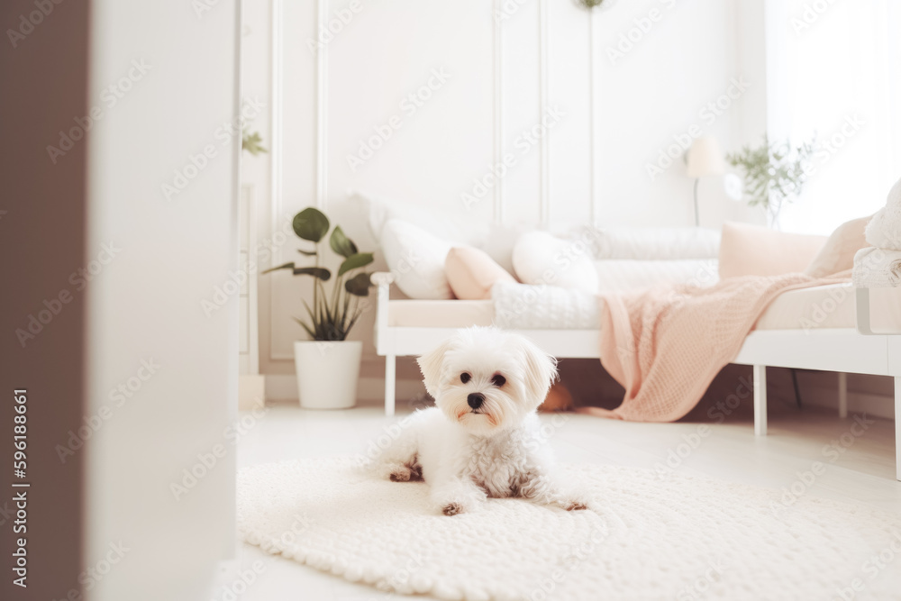 A small white puppy lies on a rug in a room or living room of a modern apartment. A pet in a city apartment A small white puppy lies on a rug in a room or living room of a modern apartment. A pet in a city apartment