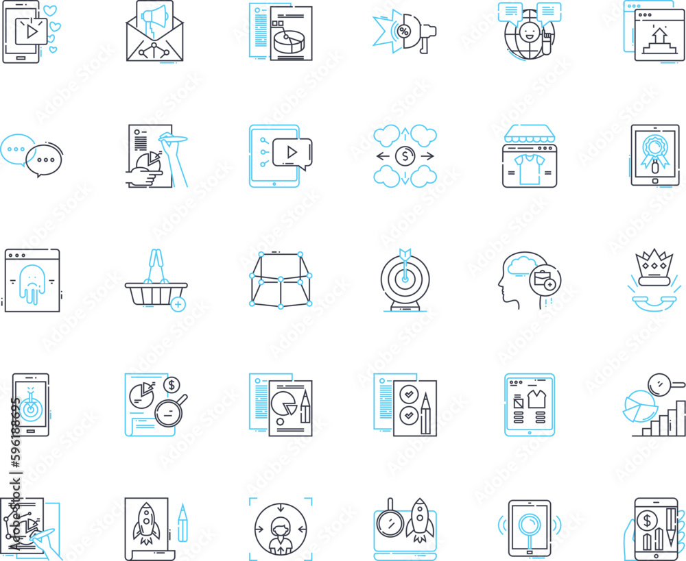 Management and leadership linear icons set. Empowerment, Accountability, Communication, Motivation, Vision, Strategy, Adaptability line vector and concept signs. Innovation,Delegation,Resilience