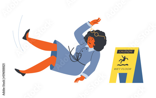 Woman slipping and falling on wet floor, flat vector illustration isolated on white background.