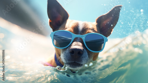 Funny cheerful dog in sunglasses on the background of blue water, outdoor pool, copy space. Beach vacation and travel concept