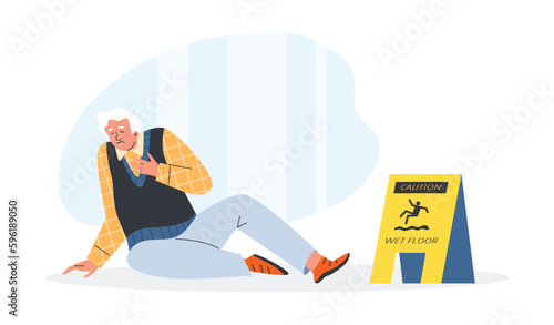 Falling gray-haired grandfather, wet floor yellow caution flat style