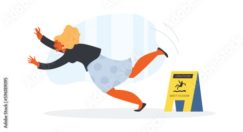 Frightened woman falling down in front of wet floor caution sign, flat vector illustration isolated on white background.