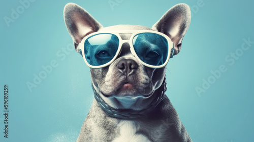 Bulldog dog in sunglasses on a blue background, copy space. Funny puppy, vacation and travel concept © ximich_natali