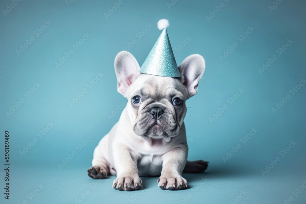 Cute little puppy in a party hat, portrait. Template for postcard, layout with copy space, print ready image. Concept of the holiday